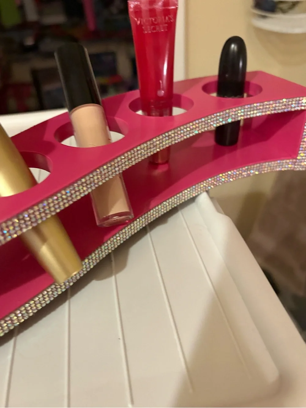 Hot Pink “Barbie Themed” make up organizer with Rhinestone accents!